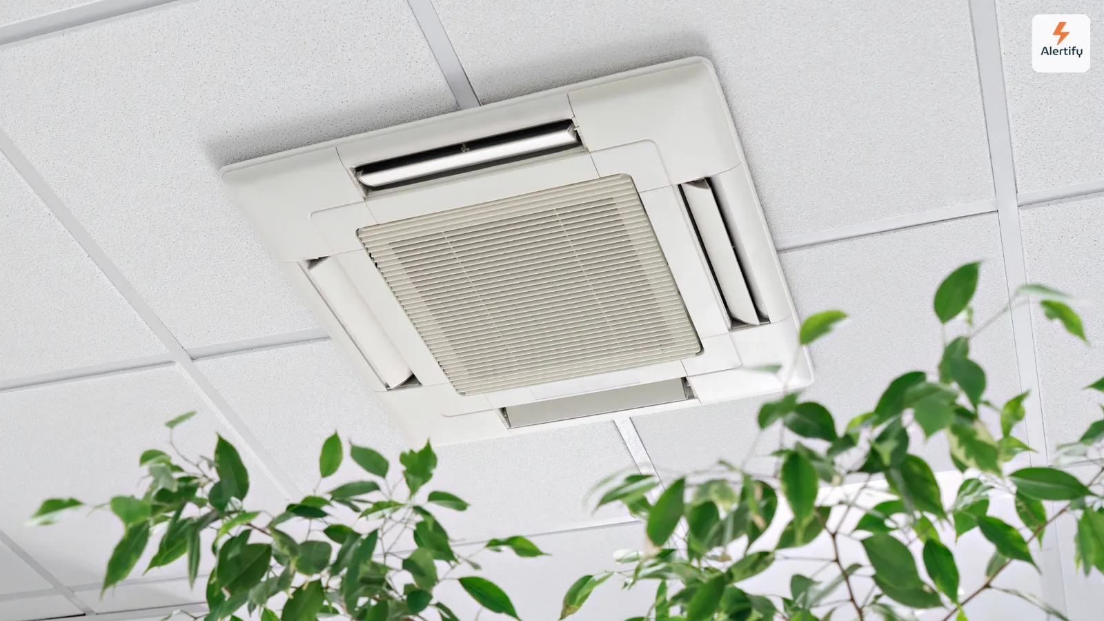 Un cassette de aire acondicionado montado en un techo de azulejos, con las hojas de una planta interior en primer plano.