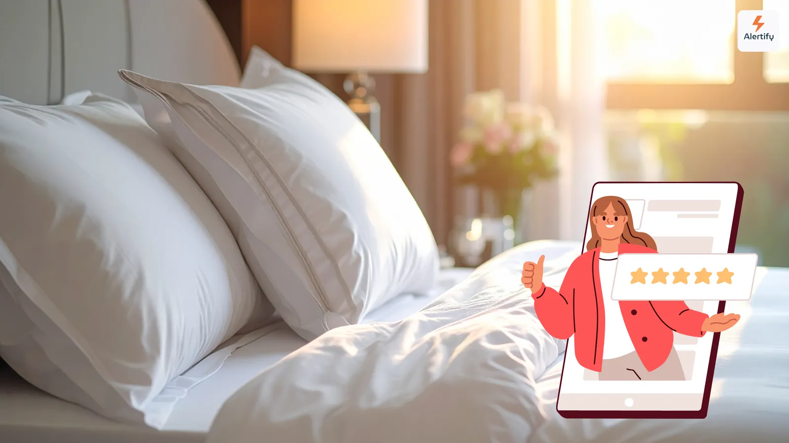 Una cama hecha con almohadas blancas impecables en un dormitorio de alquiler soleado, junto a un huésped ilustrado sosteniendo una reseña de cinco estrellas en el móvil.