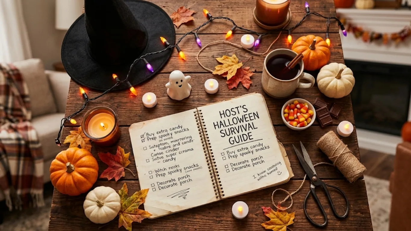 Lista de supervivencia de Halloween de un anfitrión en un cuaderno sobre una mesa de madera, rodeada de calabazas, velas, luces y un sombrero de bruja