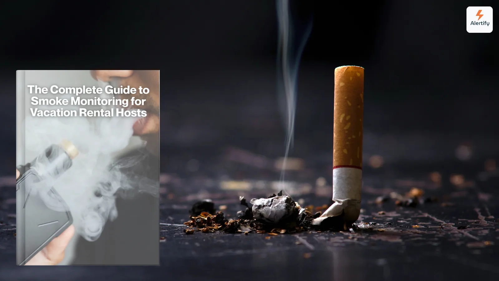 Portada estilo libro electrónico de la guía completa de monitorización de humo junto a un cigarrillo apagado sobre una superficie oscura