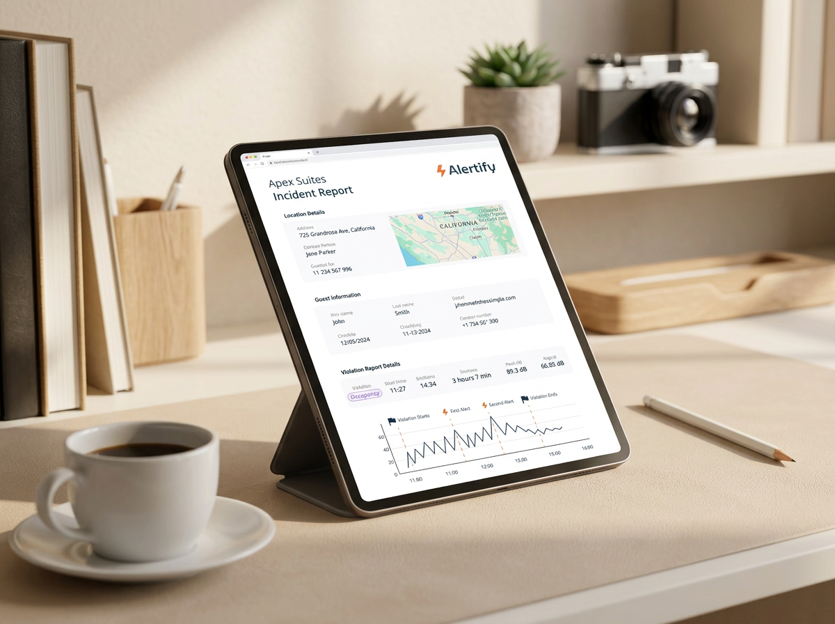 Informe de incidencia de Alertify de ejemplo: un PDF firmado y con marca de tiempo que documenta un evento de ruido con datos del sensor y el historial de resolución