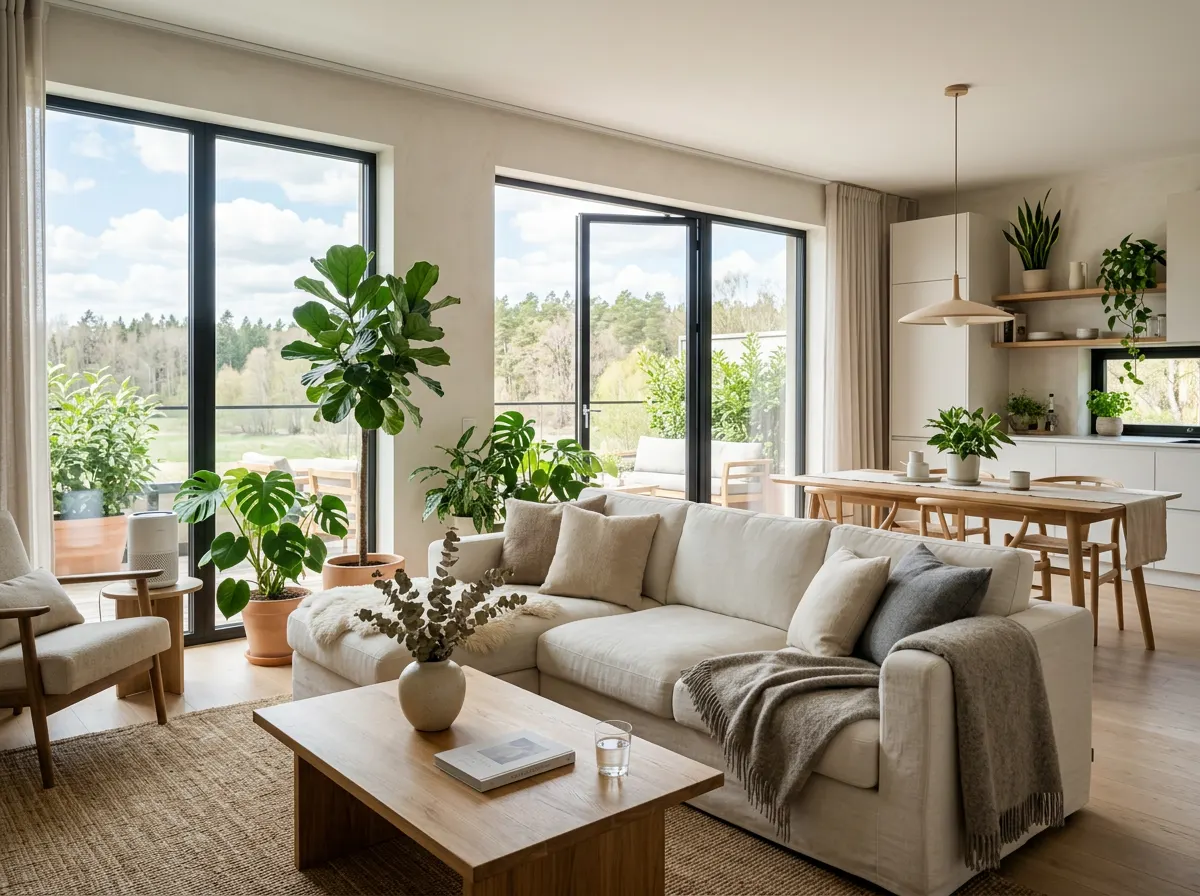 Un salón luminoso y tranquilo en una vivienda de alquiler moderna